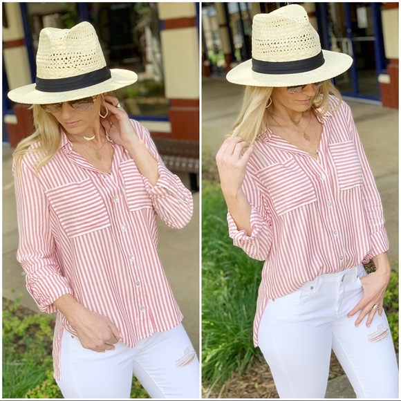 ✨LAST ONE✨Red striped roll tab sleeve button up - Picture 2 of 8